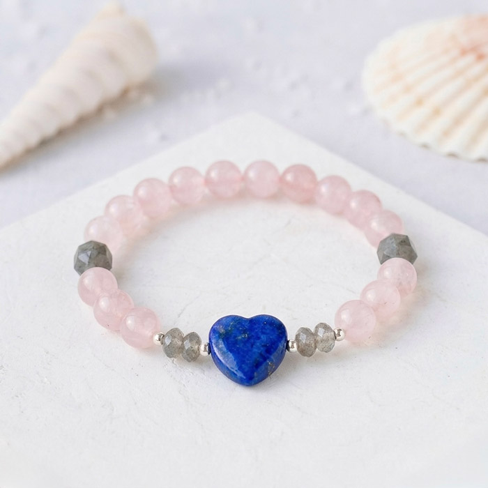 Multi Stone Bracelet , 8mm Rose quartz , Labradorite & Lapis Lazuli Bracelet