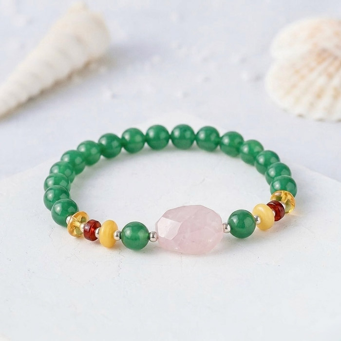 Multi Stone Bracelet with 8mm Green Agate, Amber & Rose Quartz