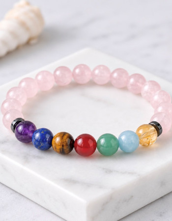 Seven Chakra Bracelet with 8mm Rose Quartz & Seven Chakra Stones
