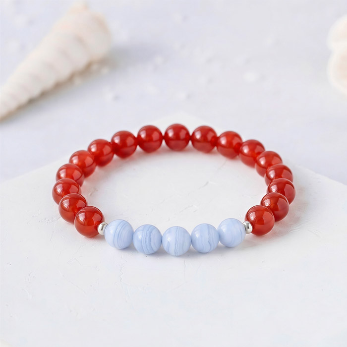 Multi Stone Bracelet , 8mm Red Agate & Blue Chalcedony ( Lace Agate ) Stone Bracelet