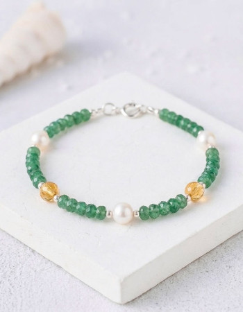 925 Sterling Silver Bracelet , 925 Sterling Silver Natural Emerald , Citrine & Pearl Bracelet