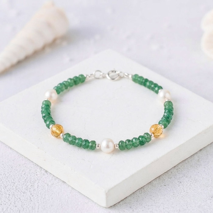 925 Sterling Silver Bracelet , 925 Sterling Silver Natural Emerald , Citrine & Pearl Bracelet