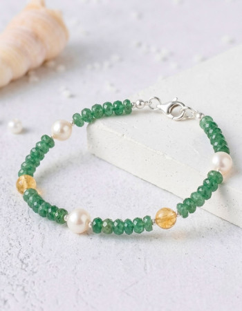 925 Sterling Silver Bracelet , 925 Sterling Silver Natural Emerald , Citrine & Pearl Bracelet
