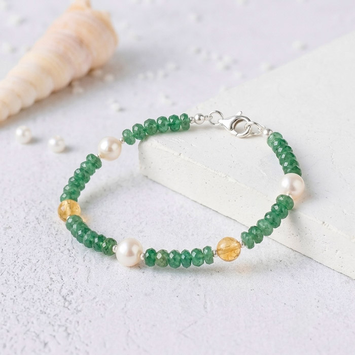 925 Sterling Silver Bracelet , 925 Sterling Silver Natural Emerald , Citrine & Pearl Bracelet