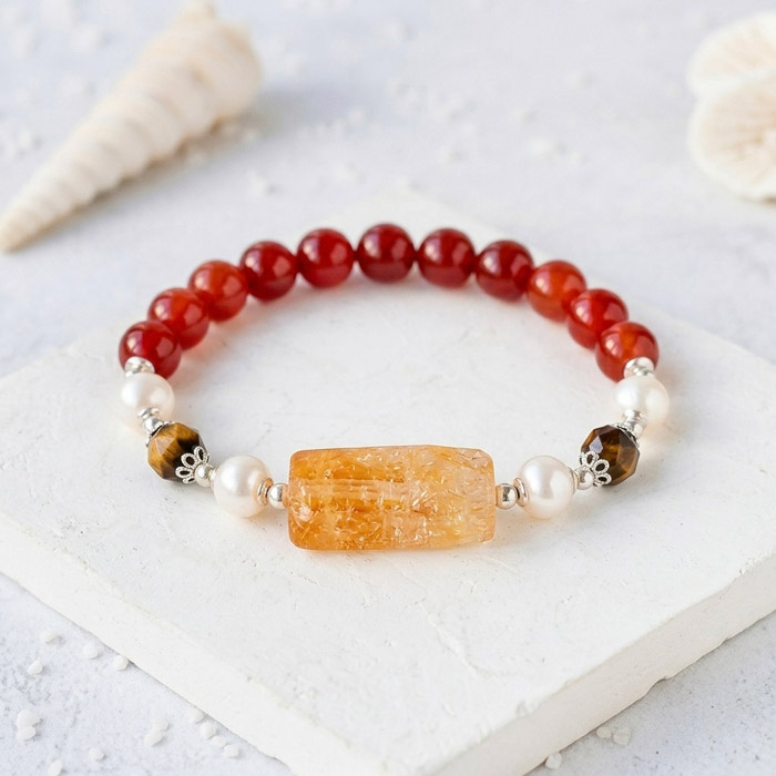 Multi Stone Bracelet – 8mm Red Agate, White Pearl, Tiger Eye & Citrine