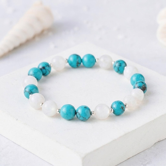 925 Sterling Silver Bracelet , Natural Moonstone & Turquoise Stone Bracelet