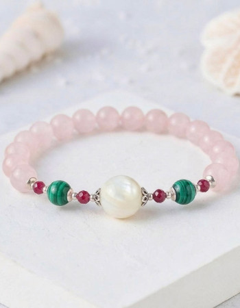 Multi Stone Bracelet , 8mm Rose Quartz , Malachite ,  Pink Tourmaline & Mother of pearl Stones Bracelet