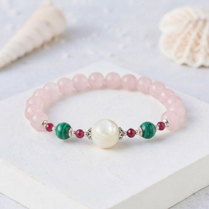 Multi Stone Bracelet , 8mm Rose Quartz , Malachite ,  Pink Tourmaline & Mother of pearl Stones Bracelet