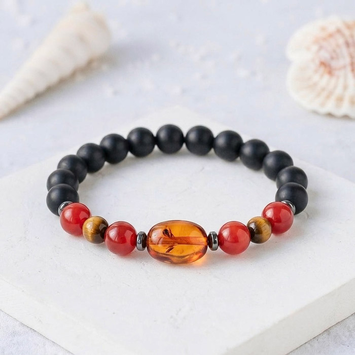 Multi Stone Bracelet , 8mm Black Onyx , Red Agate , Tiger Eye & Amber Bracelet