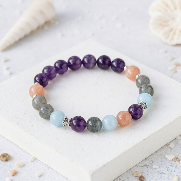 Multi Stone Bracelet , 8mm Amethyst, Brown Moonstone, Aquamarine and Labradorite Bracelet