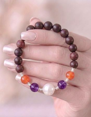 8mm Gül Ağacı, Carnelian, Ametist ve Beyaz İnci Bileklik