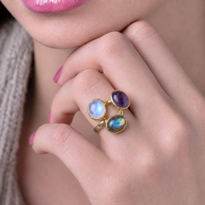 Multi Stone Ring , 925 Silver Natural Amethyst , Moonstone & Labradorite Stone Ring