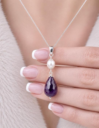 925 Sterling Silver Amethyst & Pearl Stone Necklace
