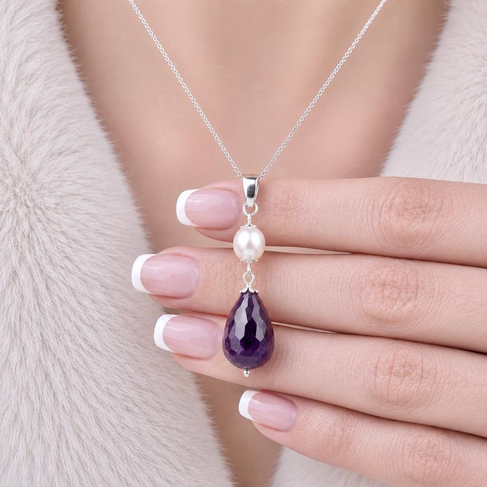 925 Sterling Silver Amethyst & Pearl Stone Necklace