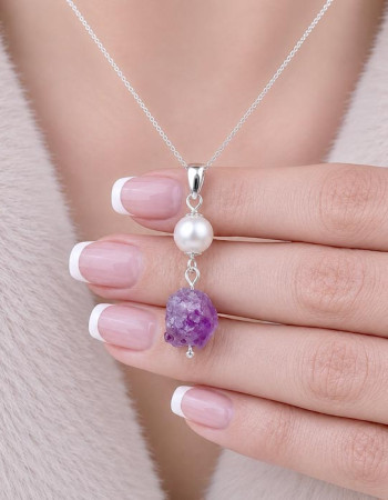 925 Sterling Silver Amethyst & Pearl Stone Necklace