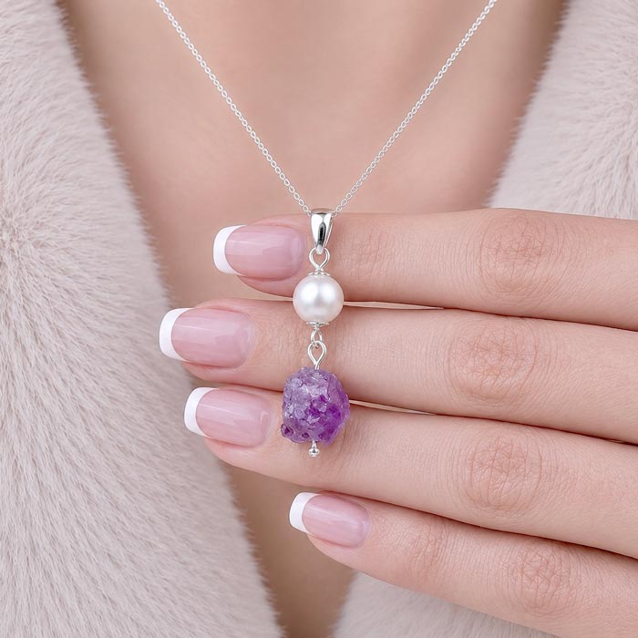 925 Sterling Silver Amethyst & Pearl Stone Necklace