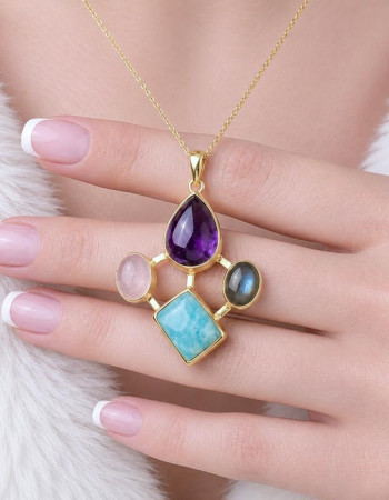 Multi Stone Pendant , 925 Silver Natural Amethyst , Rose Quartz , Amazonite & Labradorite Stone Pendant