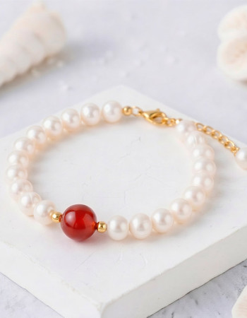 925 Sterling Silver Bracelet , White Pearl & Red Agate Bracelet