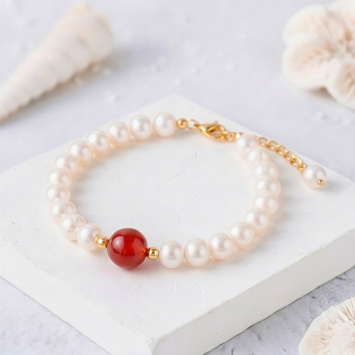 925 Sterling Silver Bracelet , White Pearl & Red Agate Bracelet