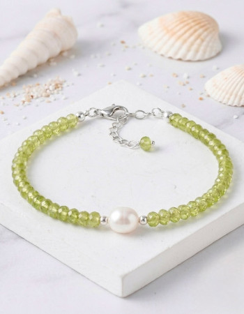 925 Sterling Silver Bracelet , Peridot Stone & White Pearl Bracelet - NO : BR004
