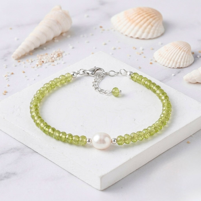 925 Sterling Silver Bracelet , Peridot Stone & White Pearl Bracelet - NO : BR004