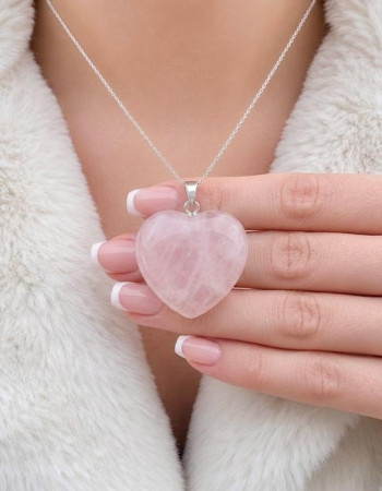 925 Ayar Gümüş Pembe kuvars Kolye - Kalp Şekilde