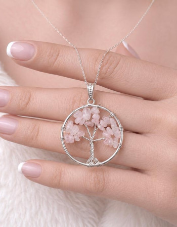 Tel Sarmalı Pembe kuvars Hayat Ağacı Doğal Taş Kolye