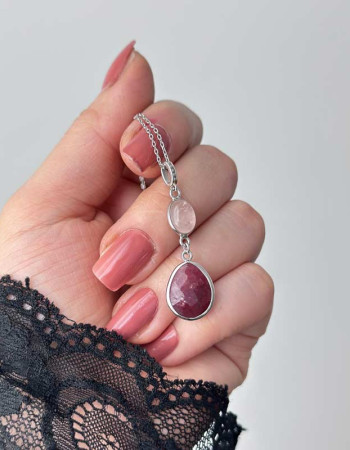 Multistone Necklace , 925 Silver Natural Ruby & Rose Quartz Necklace