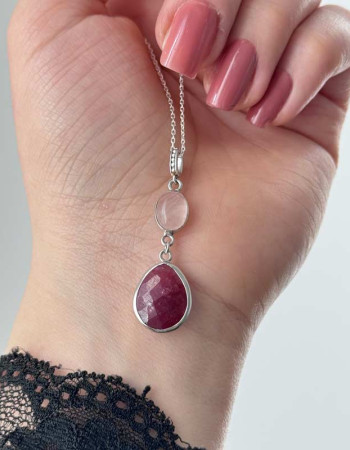Multistone Necklace , 925 Silver Natural Ruby & Rose Quartz Necklace