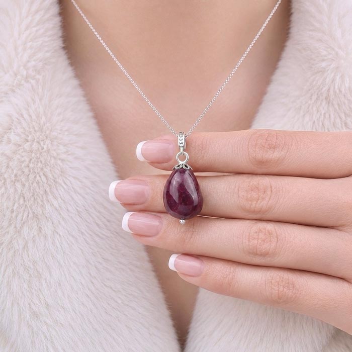 925 Silver Natural Red Ruby Stone Pendant - Natural Shape