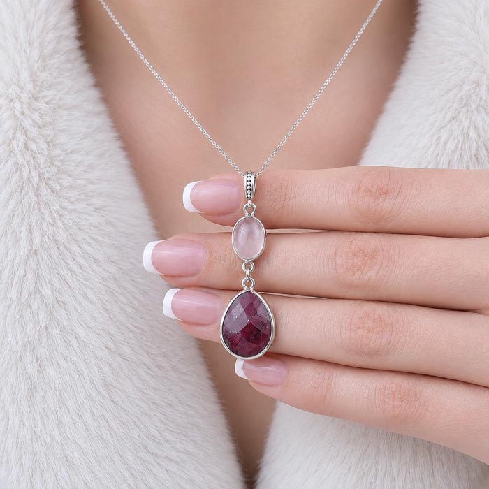 Multistone Necklace , 925 Silver Natural Ruby & Rose Quartz Necklace
