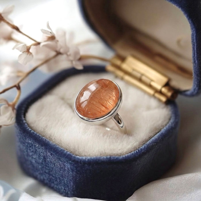 925 Silver Natural Golden Rutilated Quartz Stone Ring