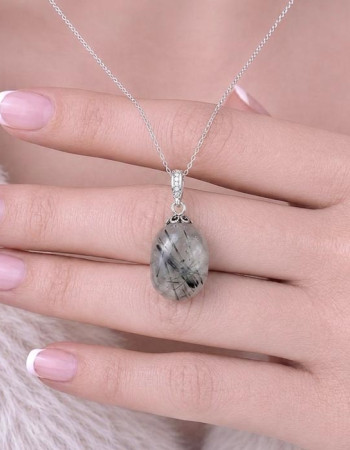925 Silver Natural Black Rutilated Quartz Stone Pendant