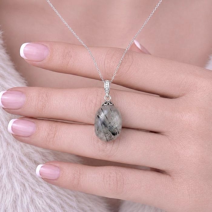 925 Silver Natural Black Rutilated Quartz Stone Pendant