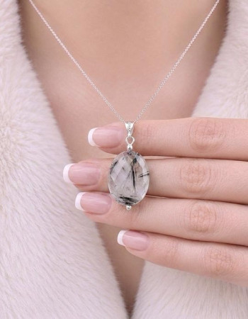 925 Silver Natural Black Rutilated Quartz Stone Pendant