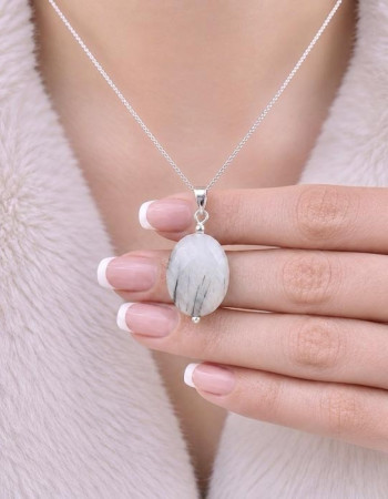 925 Silver Natural Black Rutilated Quartz Stone Pendant