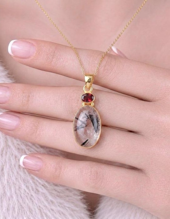 925 Silver Natural Black Rutilated Quartz Stone Pendant