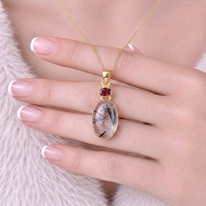 925 Silver Natural Black Rutilated Quartz Stone Pendant