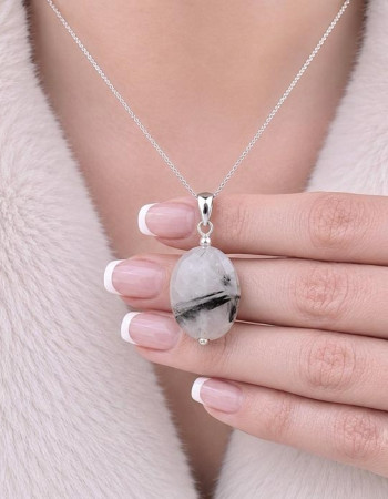 925 Silver Natural Black Rutilated Quartz Stone Pendant