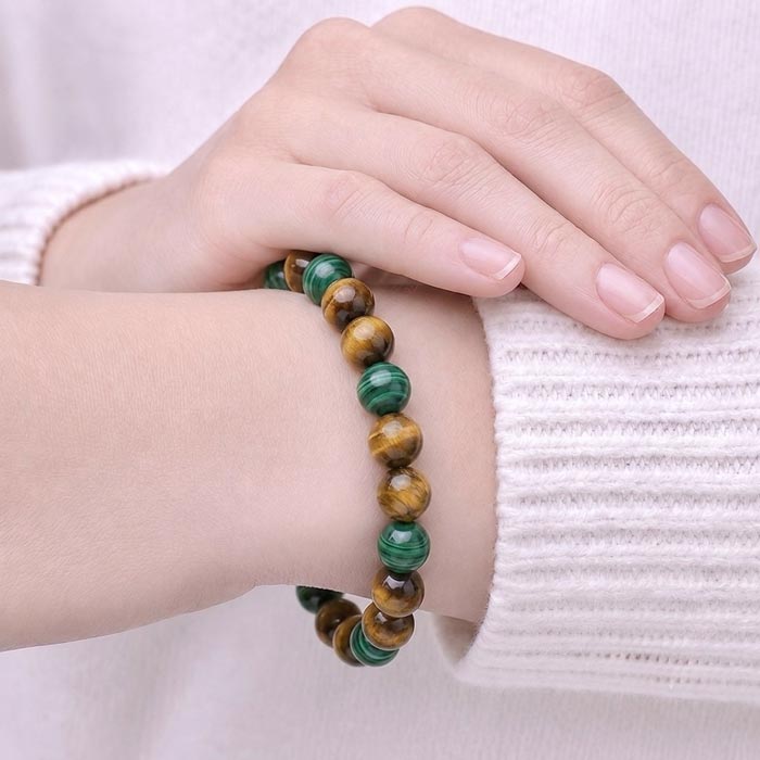 Multi Stone Bracelet , 8mm Natural Tiger Eye & Malachite Stone Bracelet