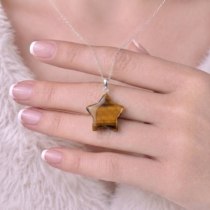 925 Silver Natural Tiger Eye Pendant - Star Shape