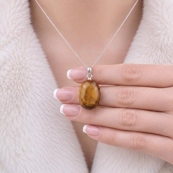 925 Silver Natural Tiger Eye Stone Pendant - Natural Shape