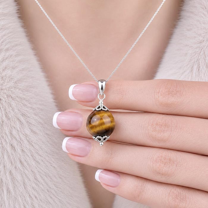 925 Silver Natural Tiger Eye Stone Pendant - Ball