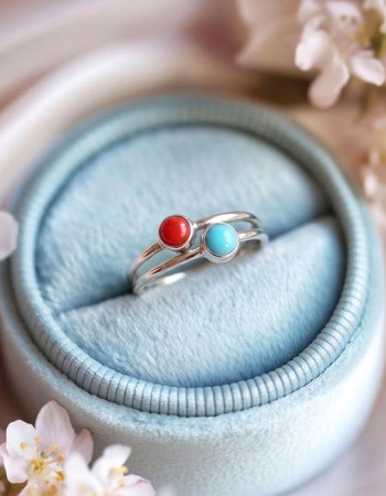 Multi Stone Ring , 925 Silver Natural Turquoise Stone & Coral Stone Ring