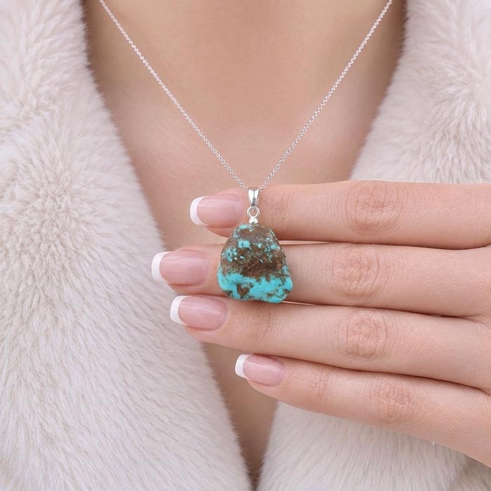 925 Silver Natural Turquoise Stone Pendant - Raw Shape