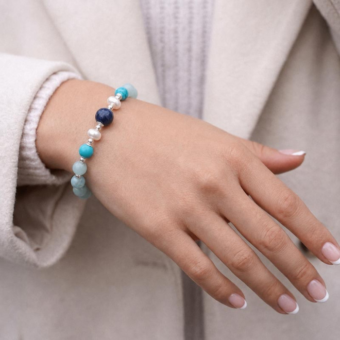 Multi Stone Bracelet , 8mm Aquamarine , Turquoise , Sapphire & Pearl Bracelet