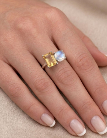 Multi Stone Ring , 925 Silver Natural Moonstone & Citrine Quartz Stone Ring