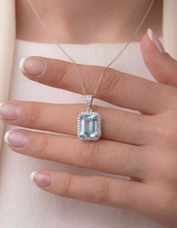 925 Silver Rare Blue Topaz Stone Pendant - Zircon Around