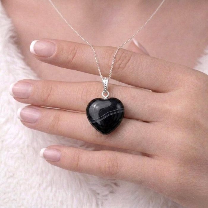 925 Silver Natural Black Agate Stone Pendant