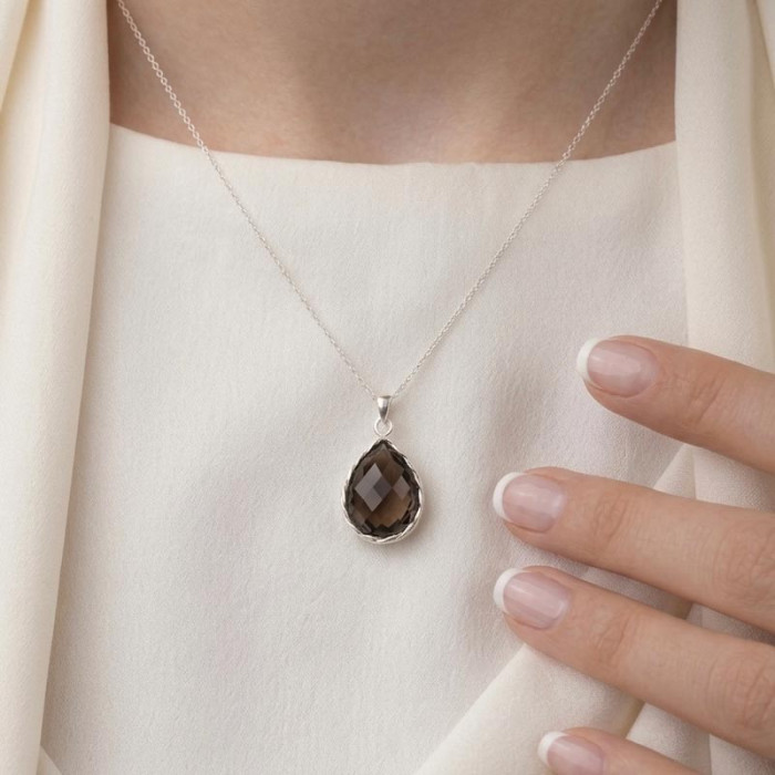 925 Silver Natural Smoky Quartz Stone Pendant - No:1000
